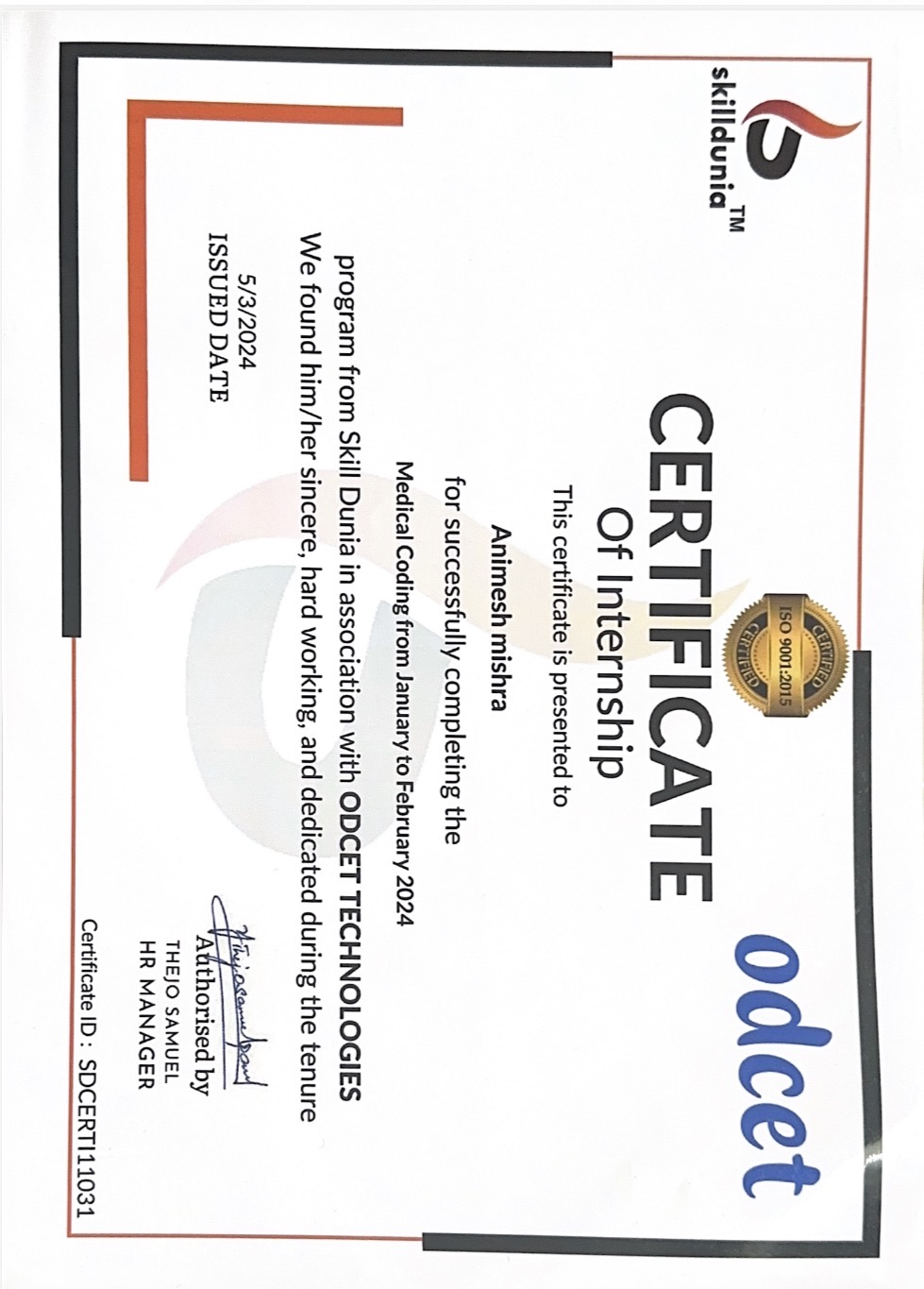 Medical Coding Internship Certificate — Skill Dunia / ODCET Technologies